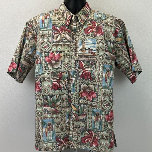 Vintage 90s Reyn Spooner Mele Kalikimaka Hawaiian Camp Shirt Beige XL X-Large - Picture 2 of 6